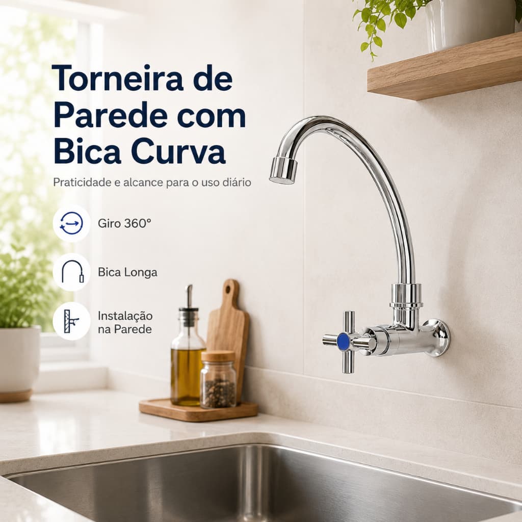 Torneira de Cozinha de Parede Inox com Bico Flexível e Giro 360° Premium