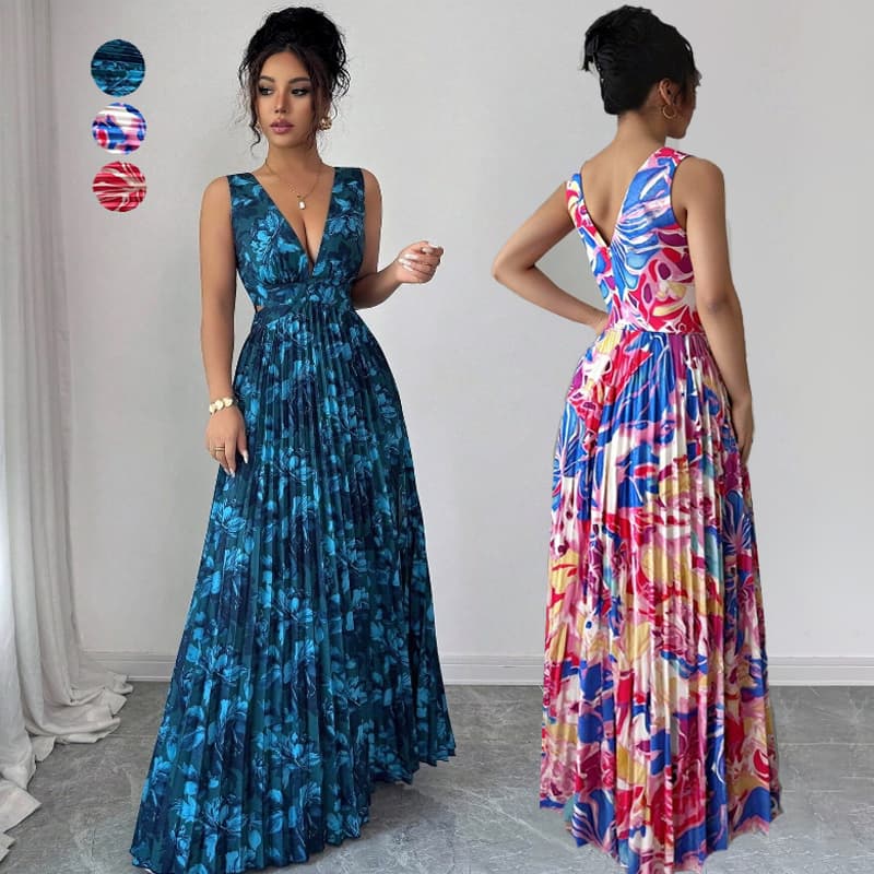 Vestido Longo Feminino Estampa Floral Decote em V Profundo com Fenda Lateral Estilo Boho Chic