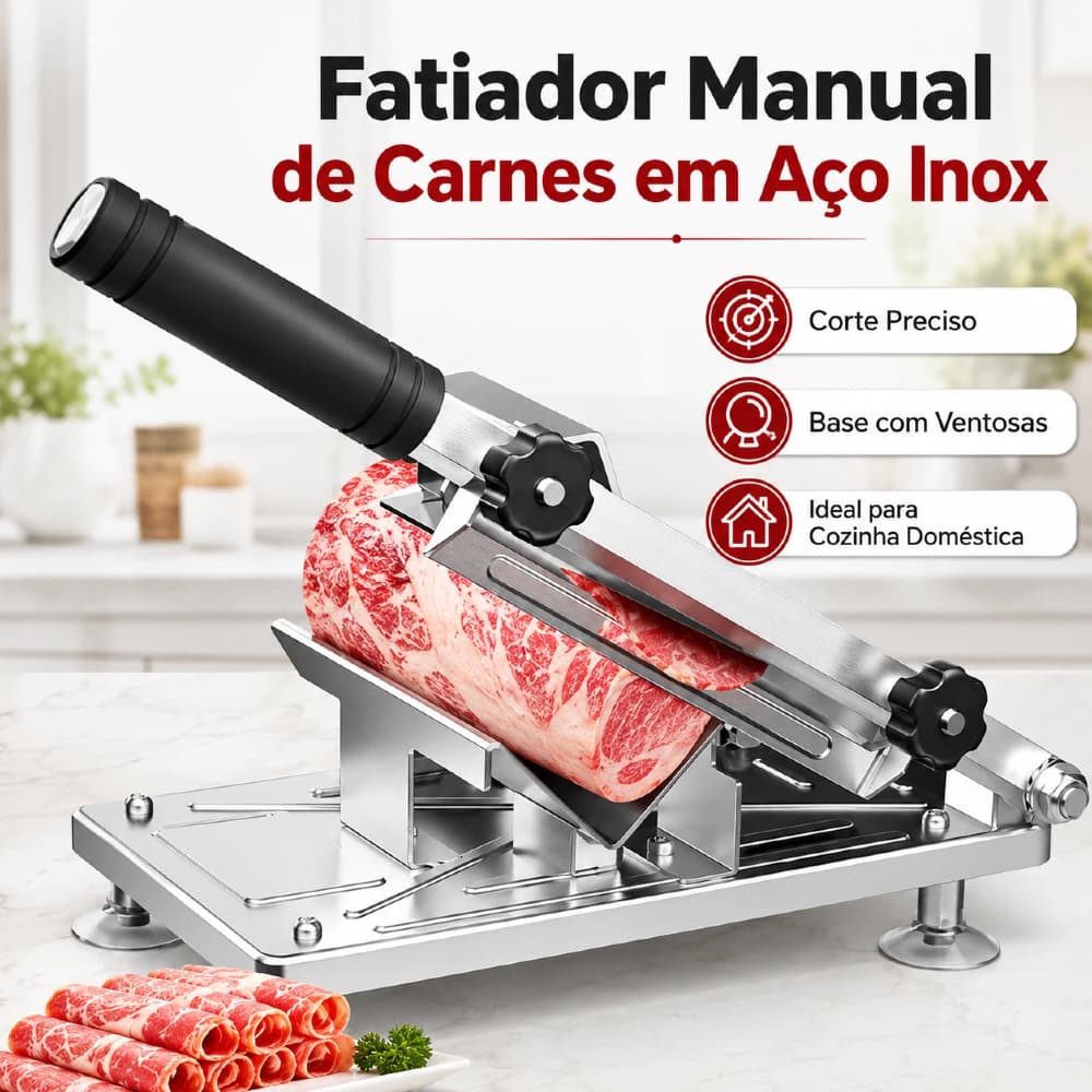 Fatiador de Carnes Manual em Aço Inox para Cozinha Doméstica e Cortes Precisos