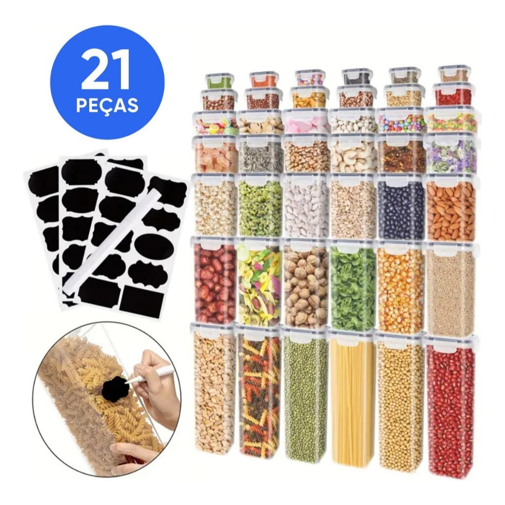 Kit 21 Potes Herméticos Empilháveis Quadrado Resistente Plástico Cozinha Dispensa Alimentos e Bebida