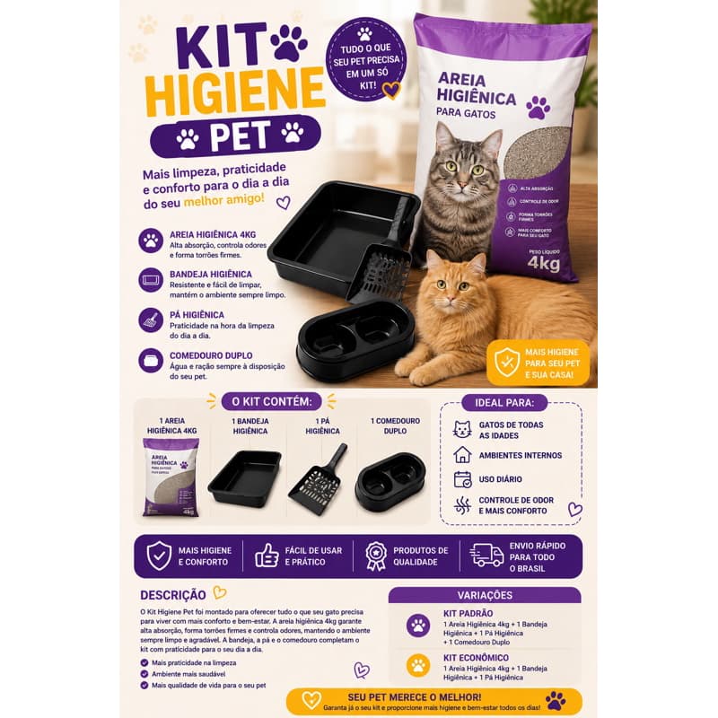 Kit Higiene Completo para Gatos – Bandeja + Pá + Comedouro + Areia 4kg