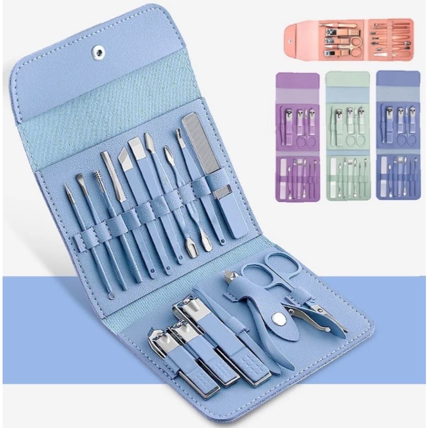 Kit Manicure e Pedicure Profissional 16 Peças em Aço Inoxidável com Estojo de Couro PU