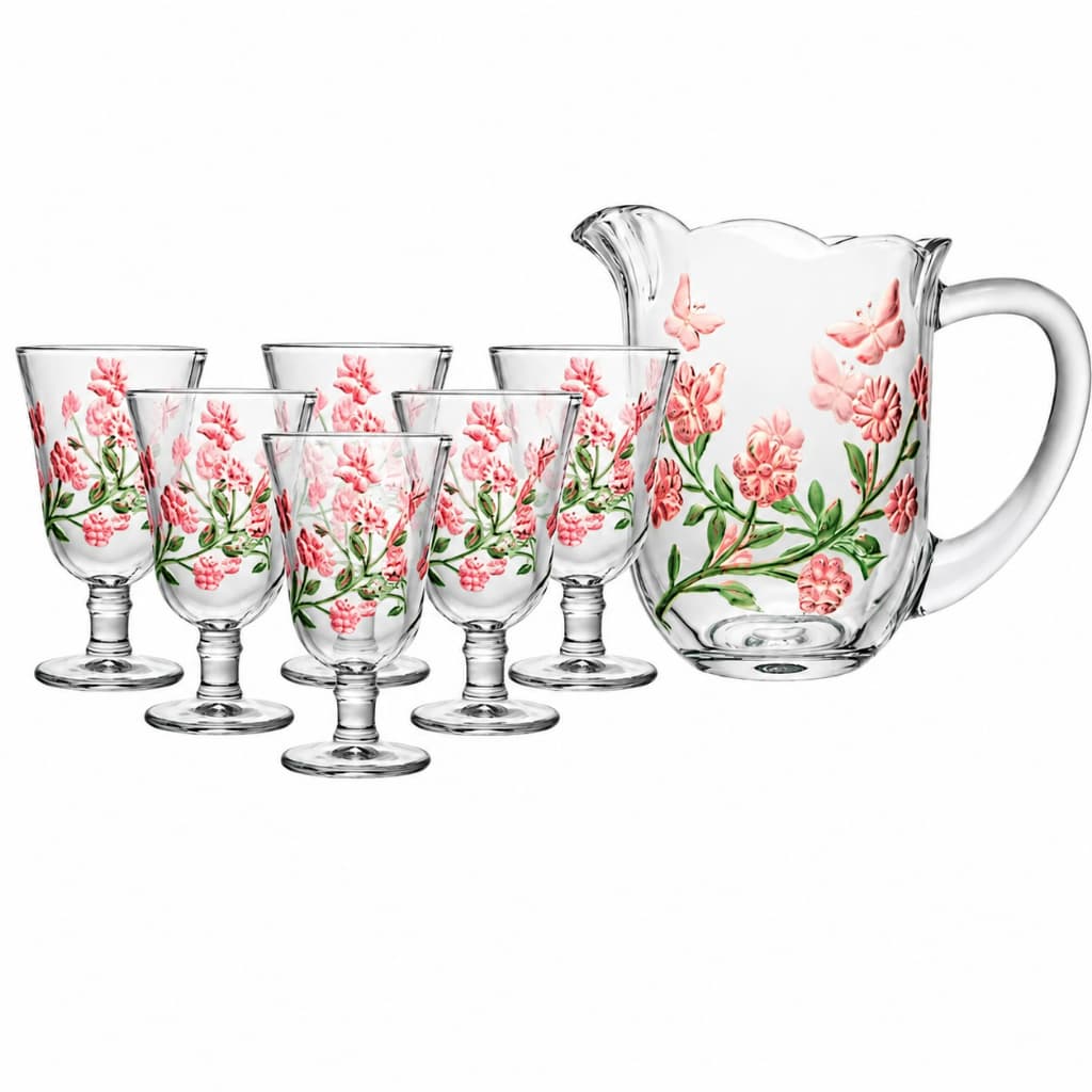 Conjunto Jarra Com Taça 240ml Lys Florido Rosa 7 Peças Elegante Lyor