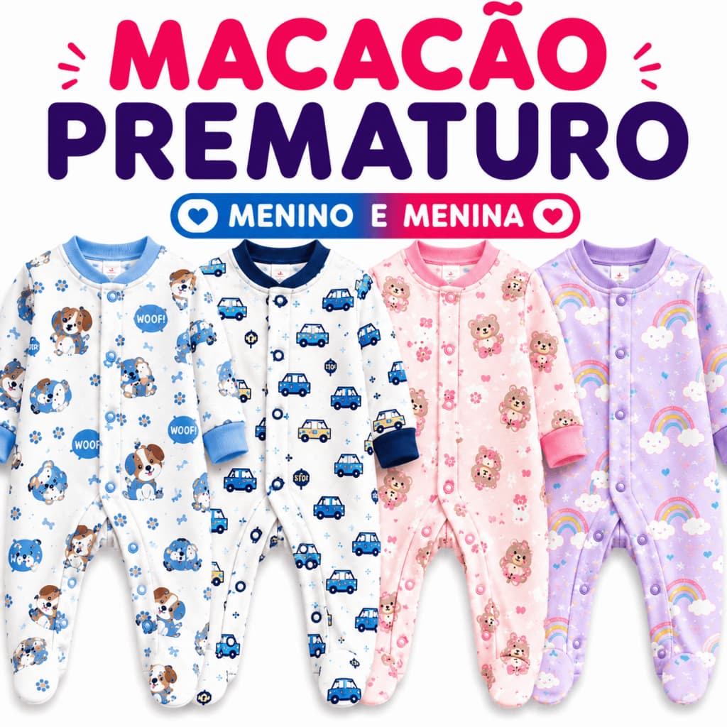 Kit 2 Macacão Prematuro Bebê Suedine Algodão Menino Menina Estampado RN Enxoval Maternidade Recem Nascido Bebê Reborn