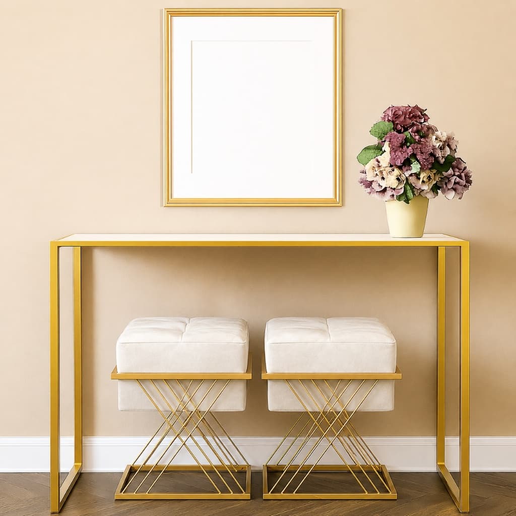 Mesa Aparador Luxo + 02 Puffs Quadrado Treliça Decorações Salas Escritório Clinicas Estética PremiumMesa Aparador Luxo +
