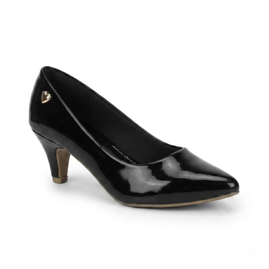 Sapato Scarpin Feminino Salto Baixo Verniz Preto Bico Fino Confortável Social Trabalho Dia a Dia