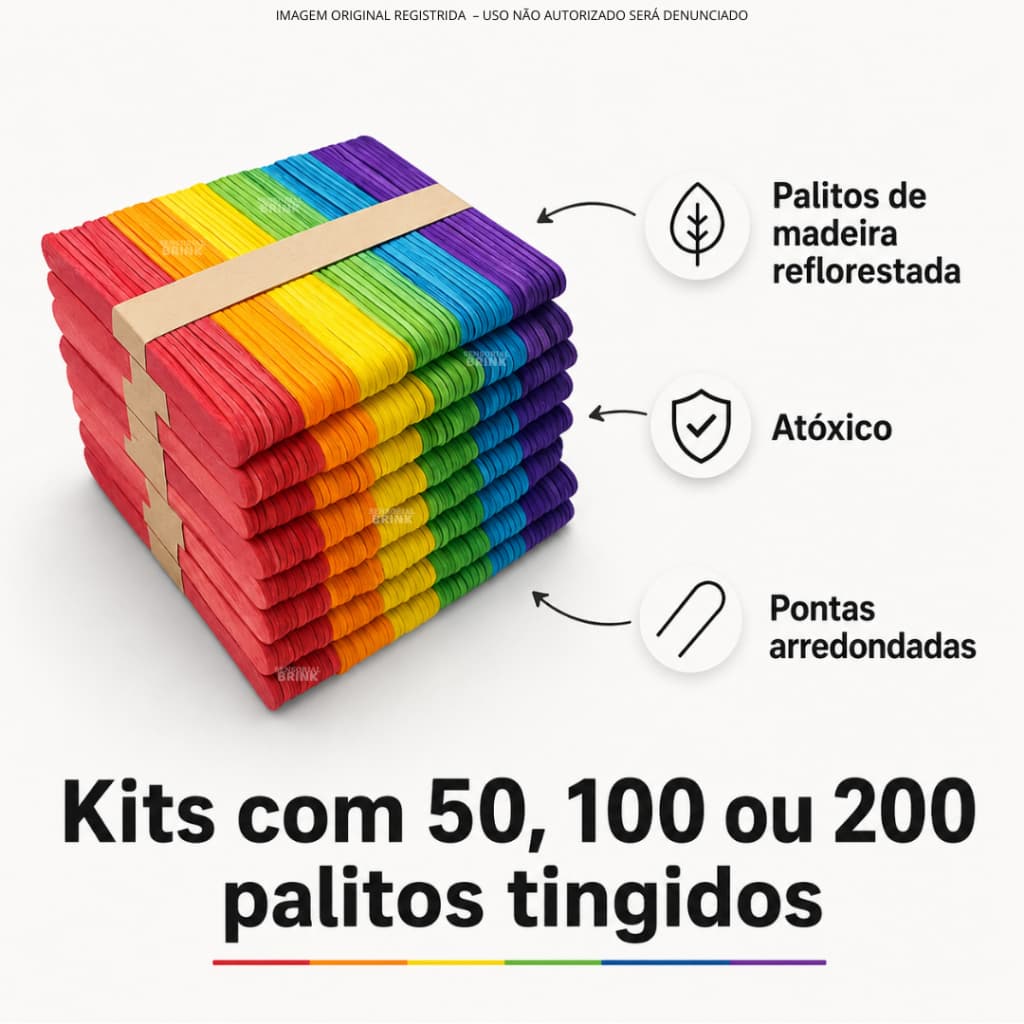 Palito de Picolé e Sorvete Madeira Colorido 100 Unidades 6 Cores Ponta Redonda Artesanato Escolar