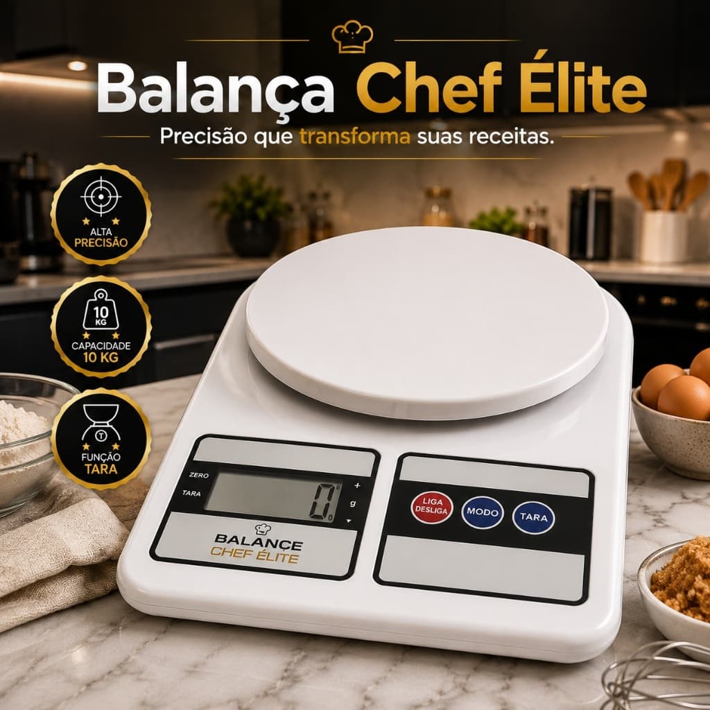 Balança Digital de Cozinha 10kg Alta Precisão Função Tara Display LCD Compacta Balance Chef Élite