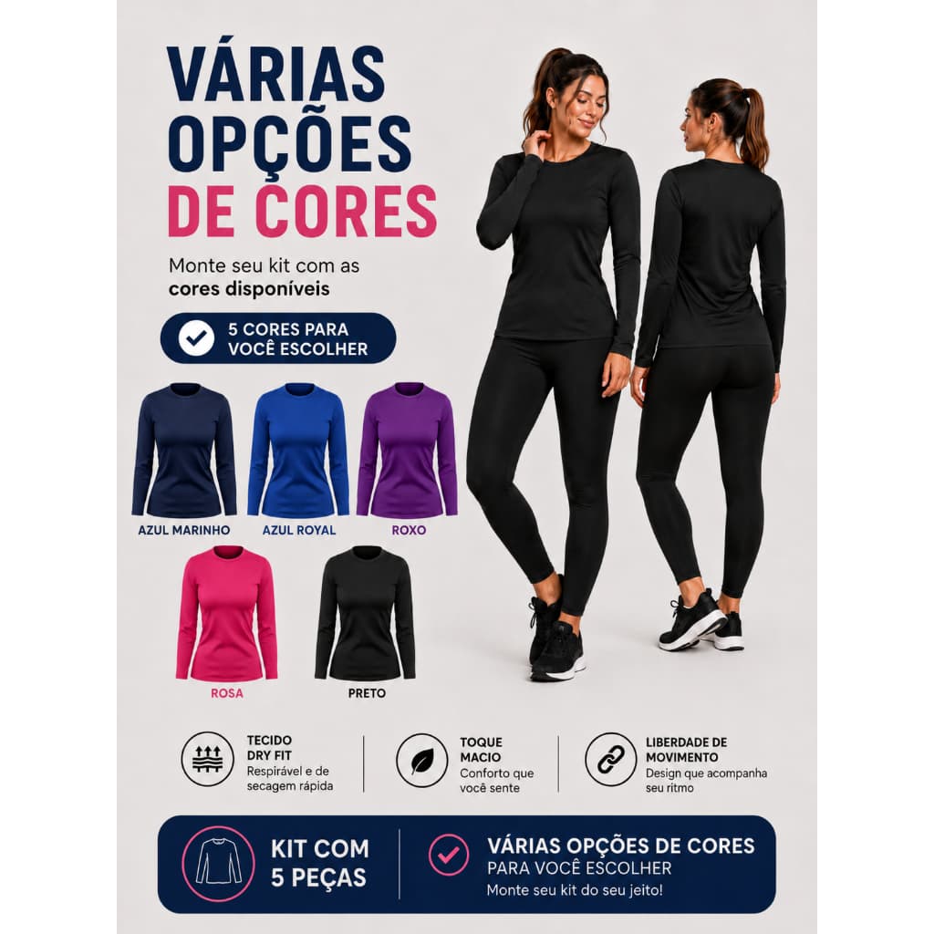 Kit 5 Camisetas Manga Longa Feminina Dryfit Segunda Pele Proteção Solar Uv Camiseta Esportiva GLK Sports