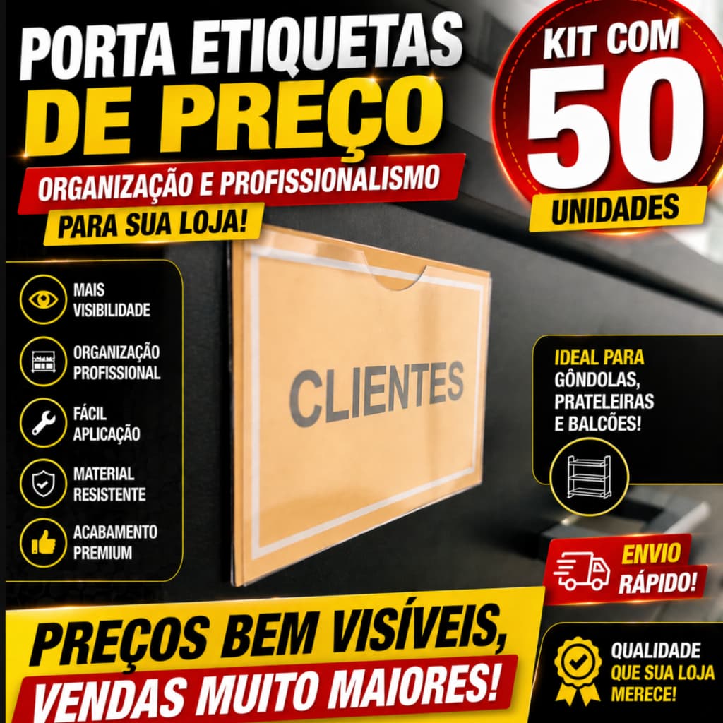 Kit 50 Porta Etiqueta Preço Gondola Prateleira Precificador Loja Mercado Organizador Petg