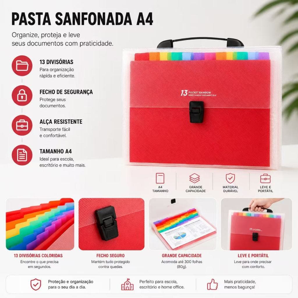 Pasta Sanfonada A4 Arco-Íris 13 Divisórias com Alça e Trava Organizador de Documentos Escolar Escritório Grande Capacida