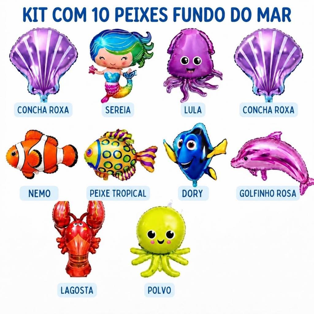 Kit 10/20/30 Balões Metalizados Fundo do Mar Menina Nemo Dory Golfinho Festa Decoração Aniversário