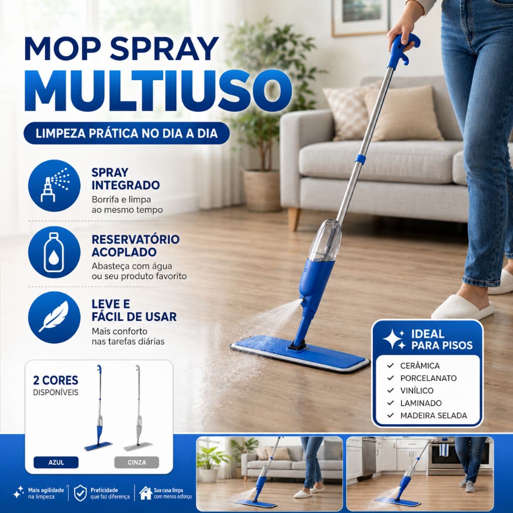 Mop Spray Giratório Com Reservatório, Rodo de Limpeza Prático