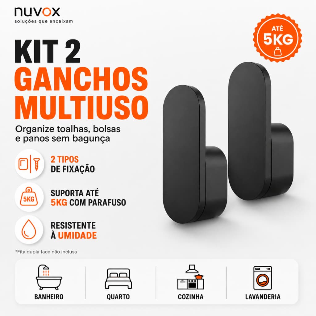 Kit 2 Ganchos de Parede Cabide para Toalhas Banheiro Pano Bolsas Roupas