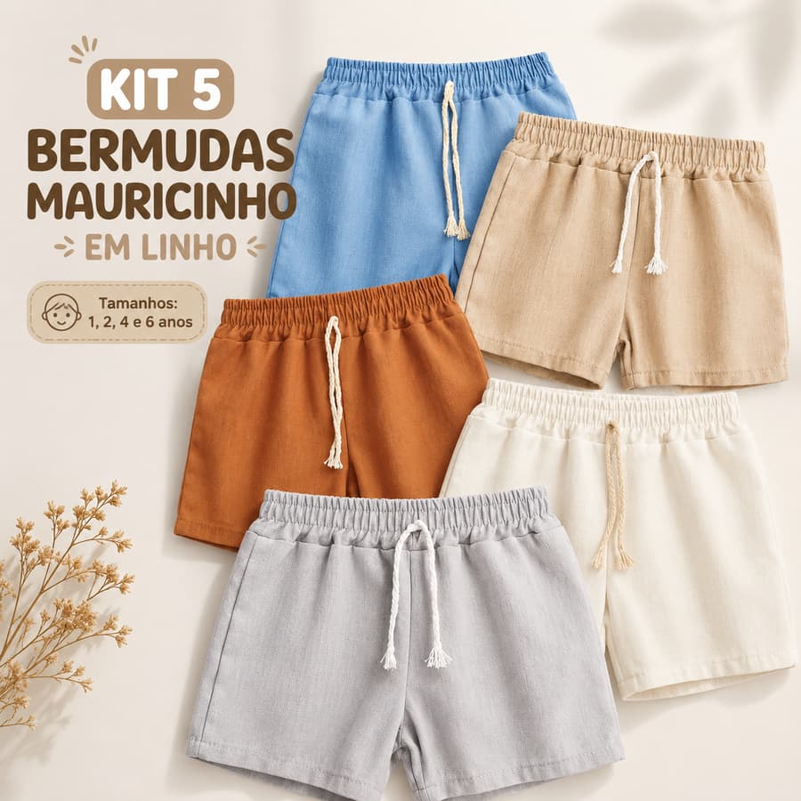 kit 5 Bermudas mauricinho em linho infantil 1,2,4 e 6 anos