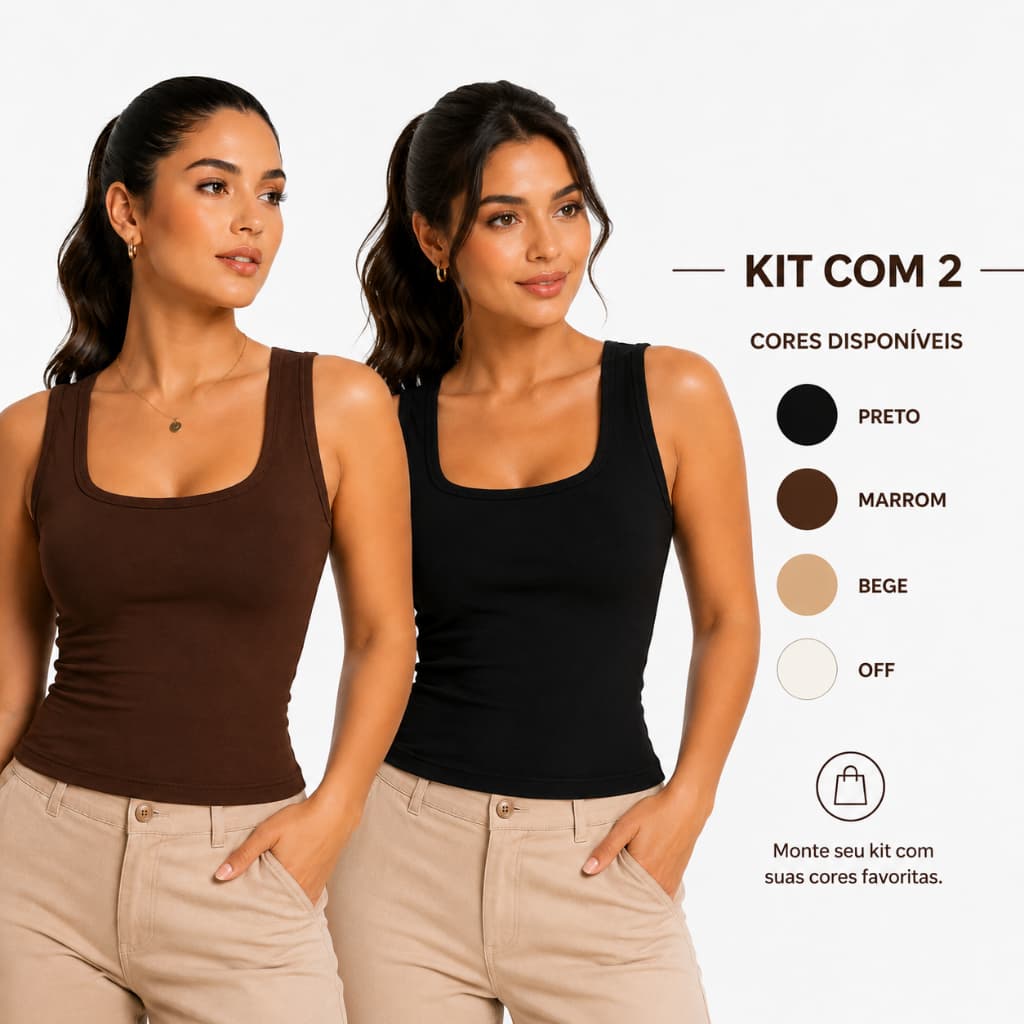 Kit 2 Regata Blusa Decote Quadrado Gringa Reta Suplex Premium Liso Verão Moda Tendencia