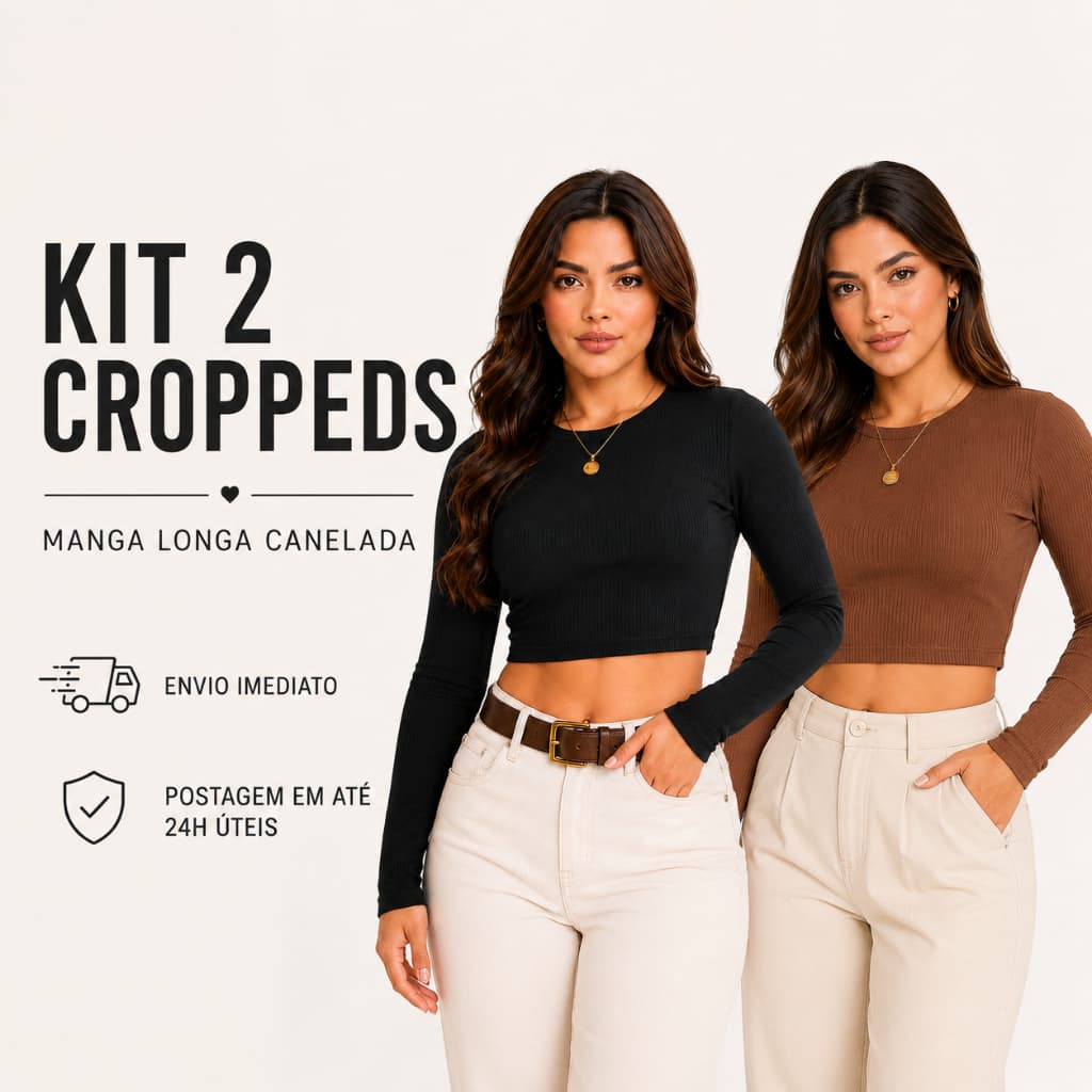 Kit 2 Cropped Blusa Manga Longa Lisa Feminina Canelado Premium Inverno