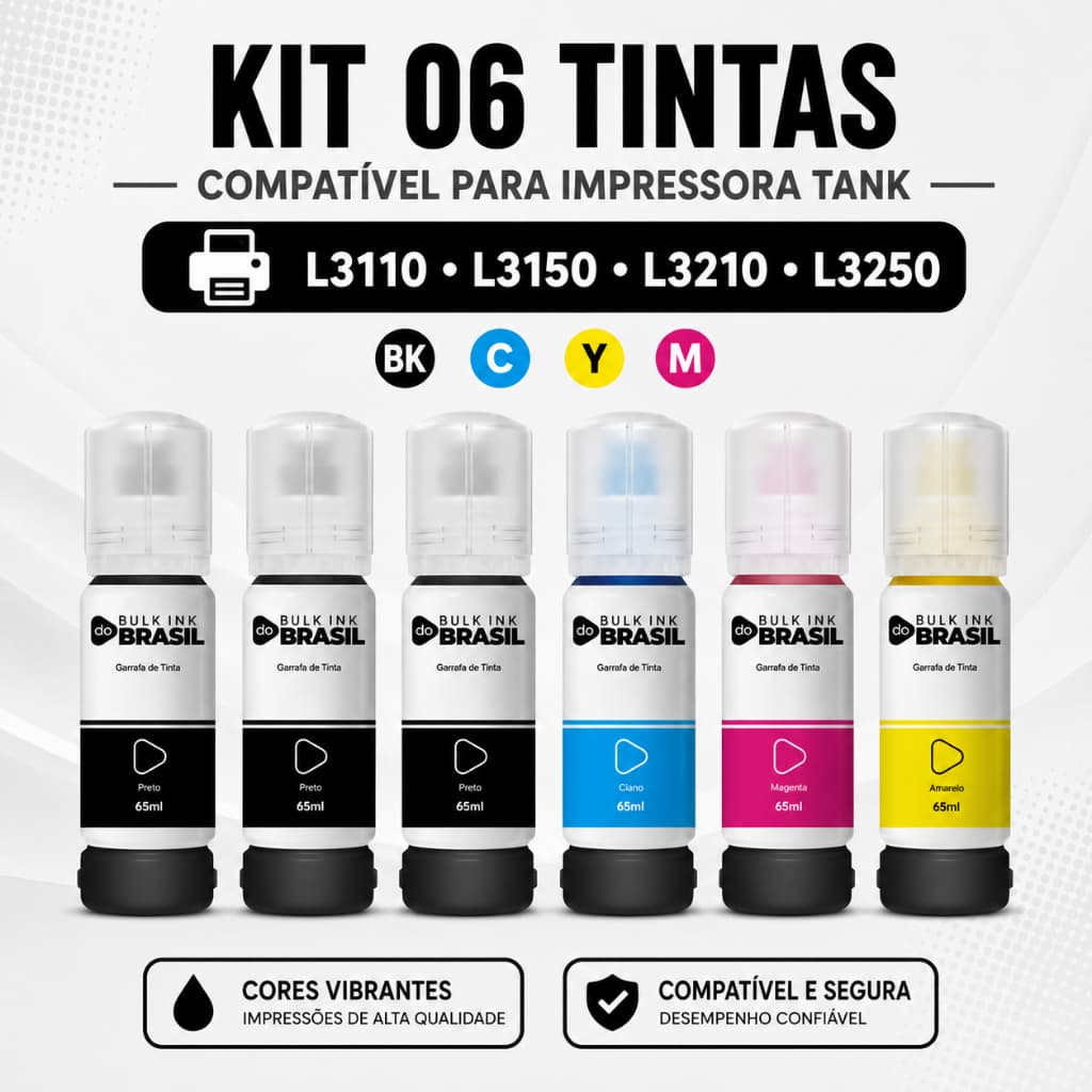 Kit 06 Tintas Compatível para impressora tank L3110 L3150 L3210 L3250 BK C Y M
