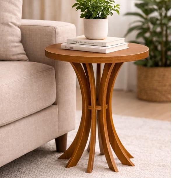 Mesa De Canto Redonda Lateral Sofá Cálice 60cm De Altura Louro Freijó Em MDF