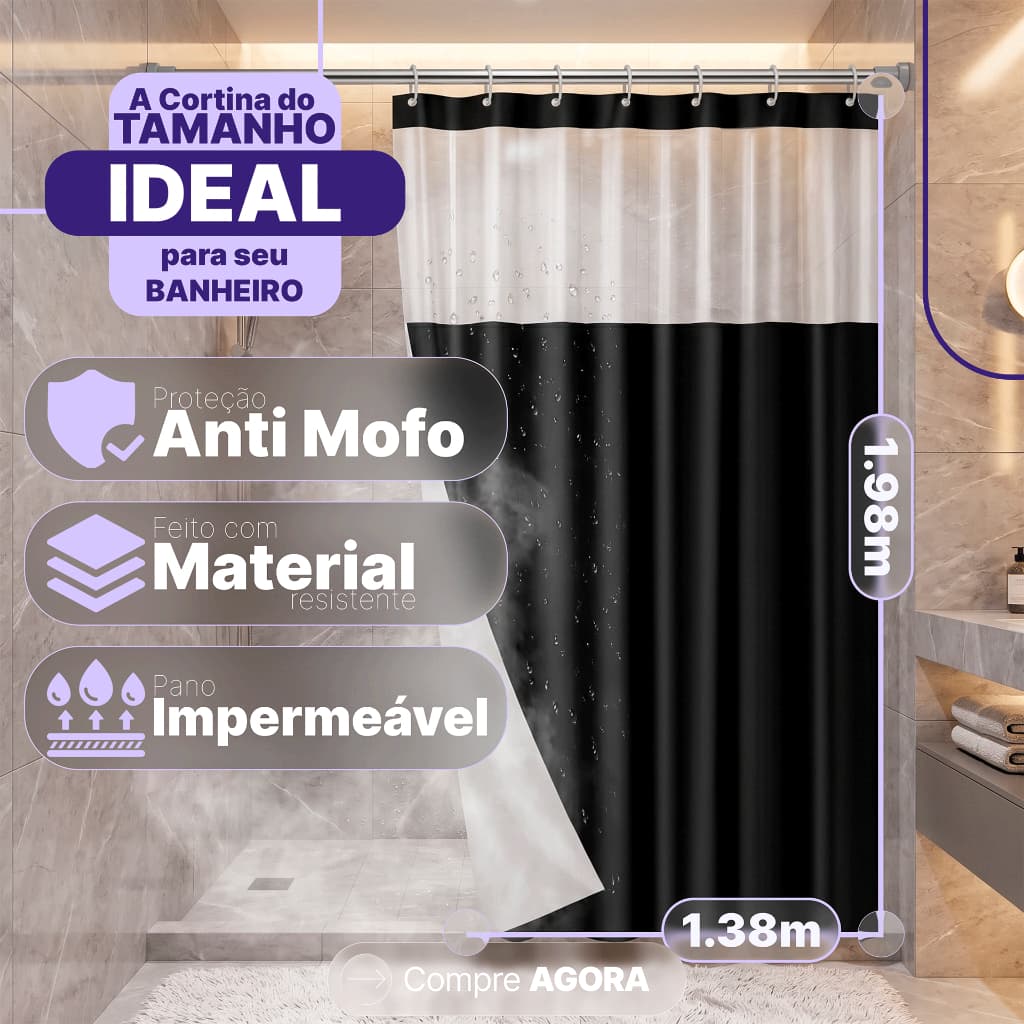 Cortina Box em PVC Para Banheiro Anti Mofo Com Ganchos Varias Cores + Suporte de cortina