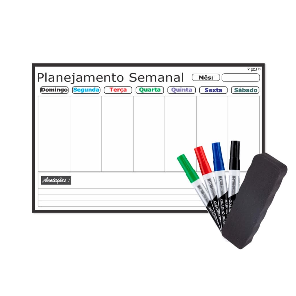 Planner Semanal 60x40cm Organizador de Rotina MDF Preto FIT+ 4 canetas marcadores + 1 apagador