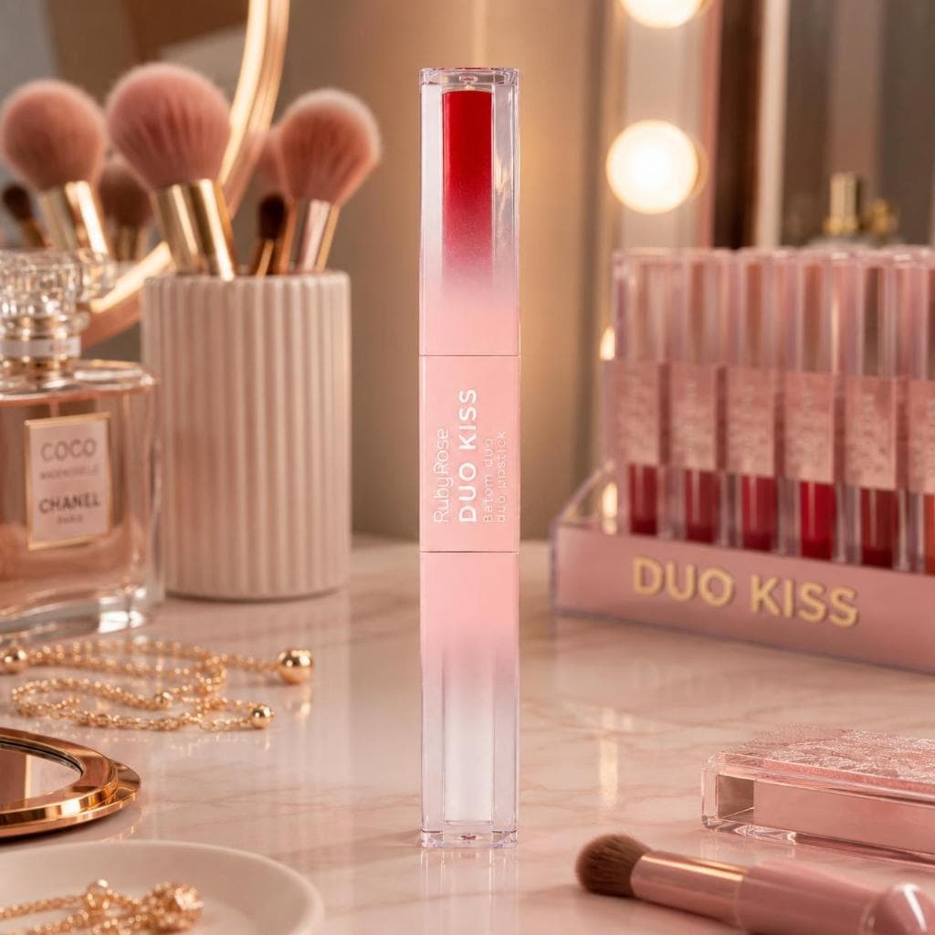 Ruby Rose Batom 2 em 1 Duo Kiss Alta Cobertura Com Gloss e Batom 12 Cores Lindas Textura Confortável e Longa Duração