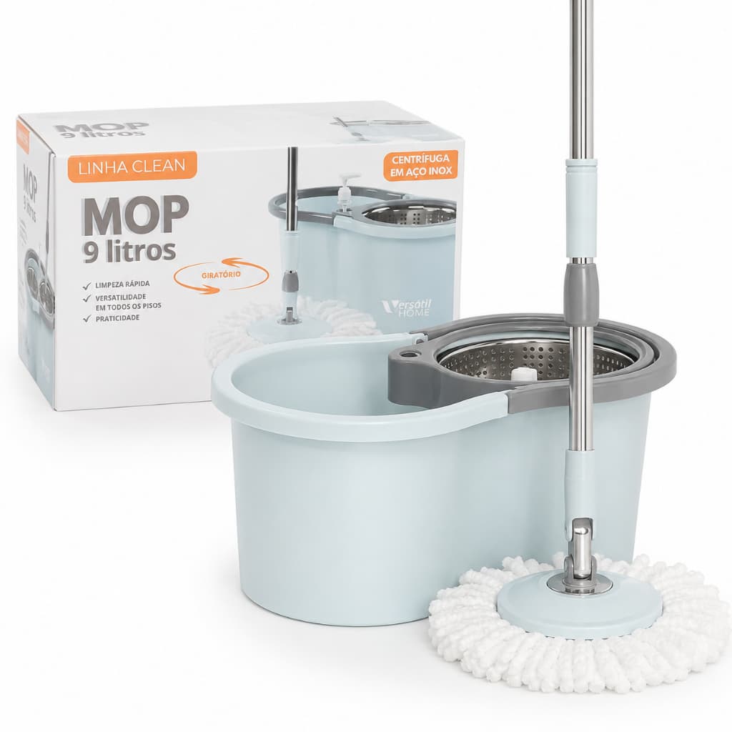 Mop Giratório 9 Litros com Centrífuga em Aço Inox Balde 9L 2 Refis de Microfibra Cabo em 3 Partes Limpeza Prática
