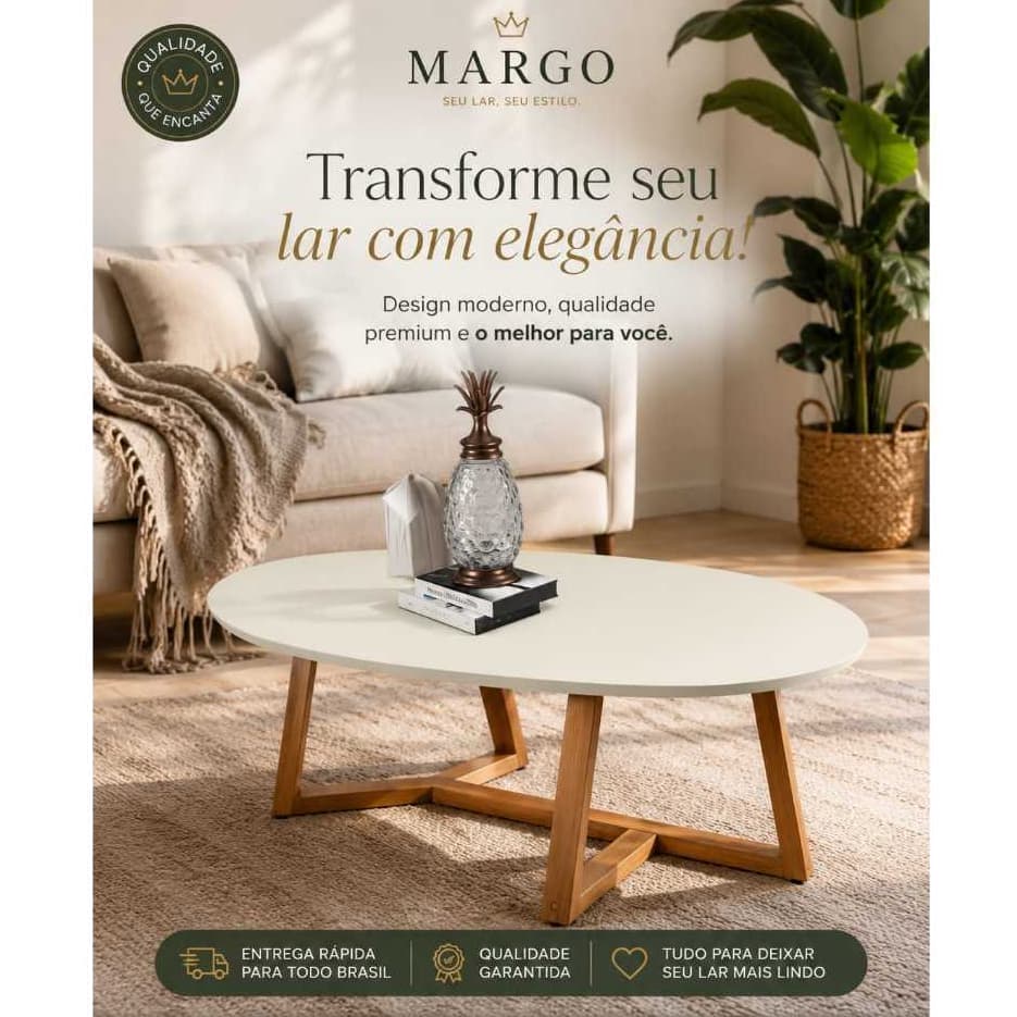 Mesa De Centro Oval Moderna Retrô Para Sala De Estar 90cm