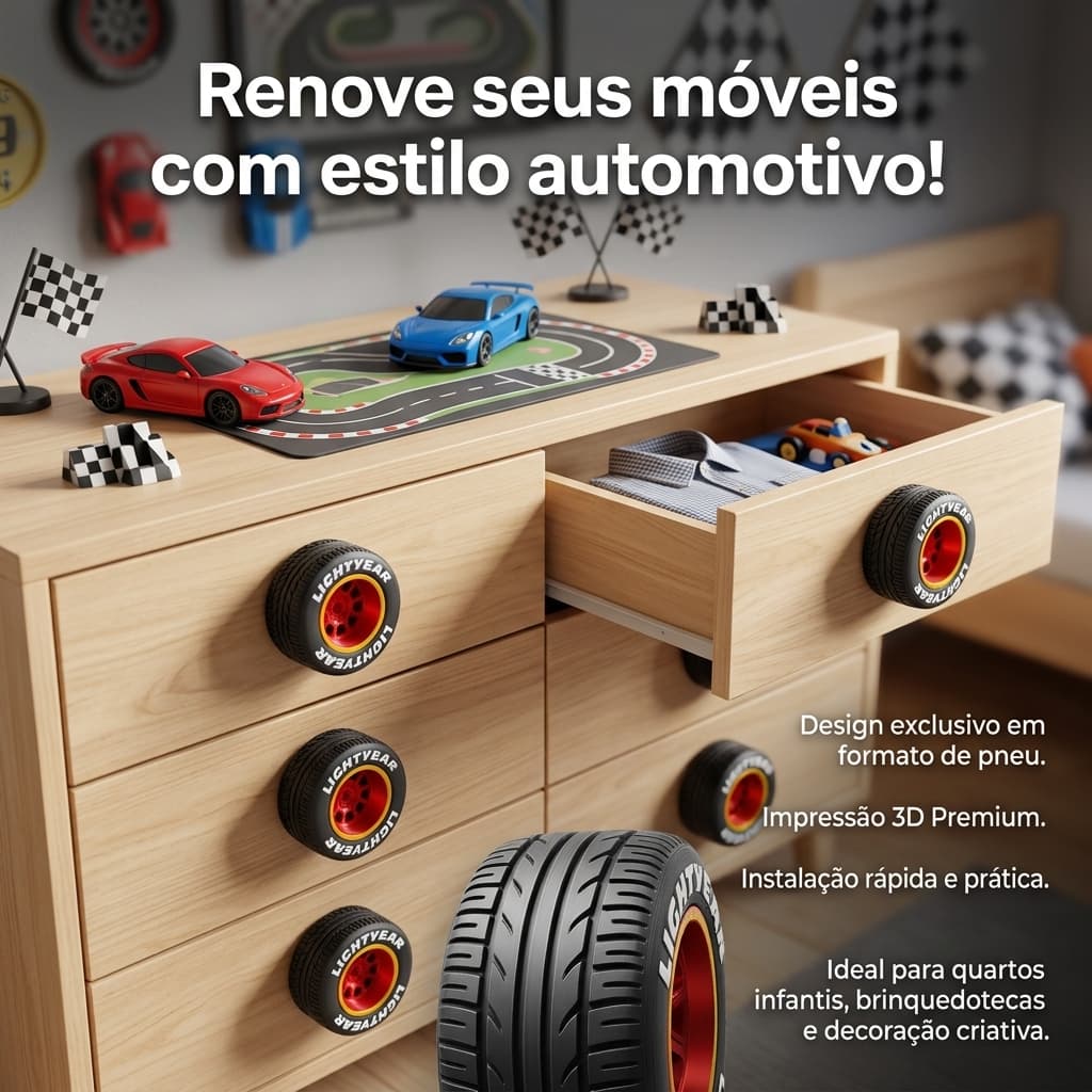 Kit TurboGrip 3D – Puxadores para Gaveta em Formato de Pneu Premium