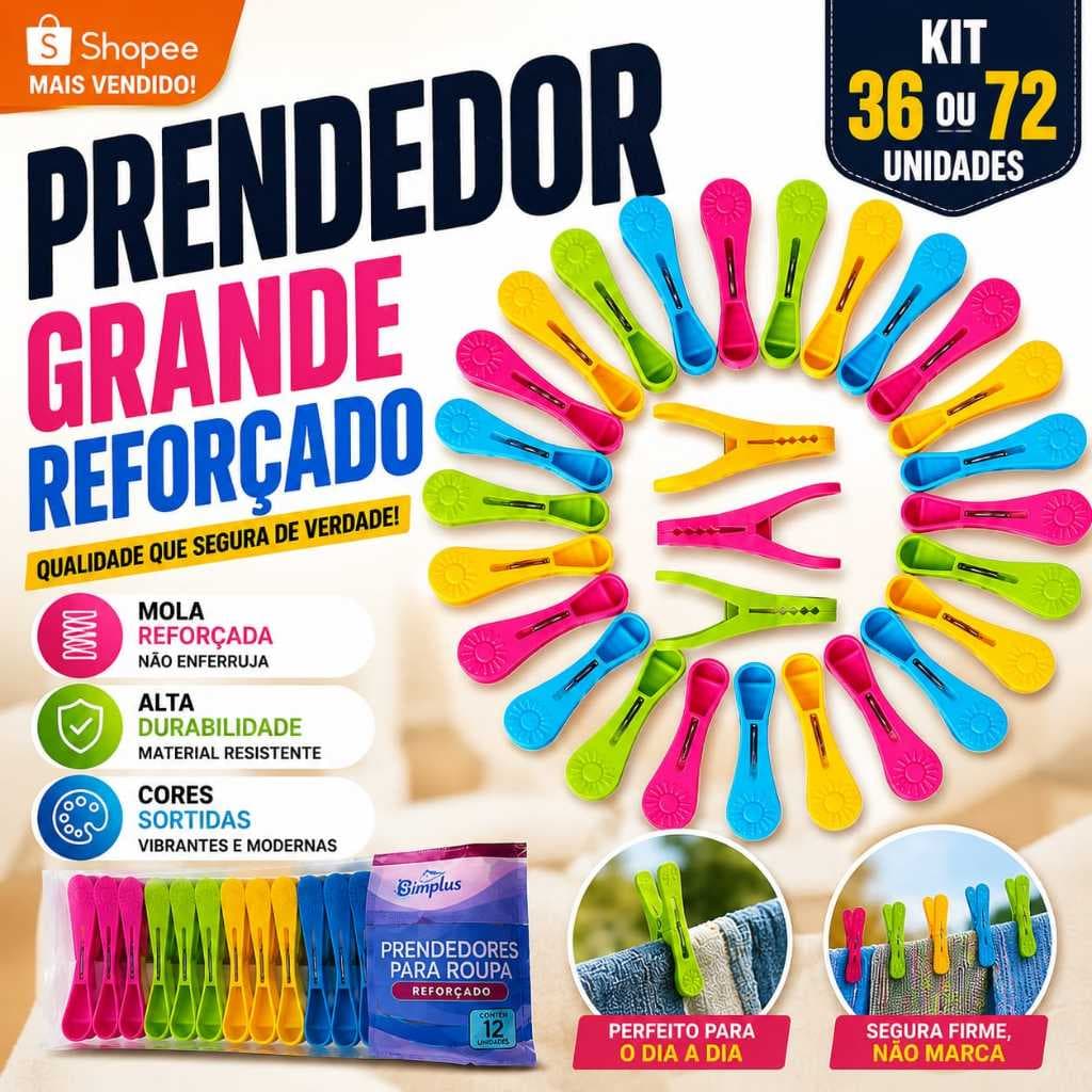 kit Prendedor de Roupa Reforçado Simplus 36 e 72 Unidades Grande Resistente Durável Coloridos.......