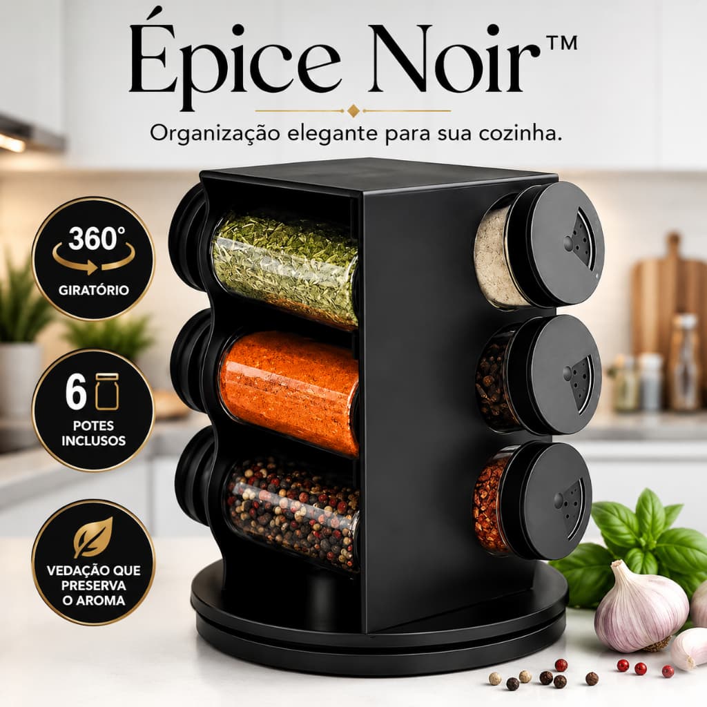 Porta Condimentos Giratório 360° 6 Potes 80ml Organizador de Temperos Plástico Preto Cozinha