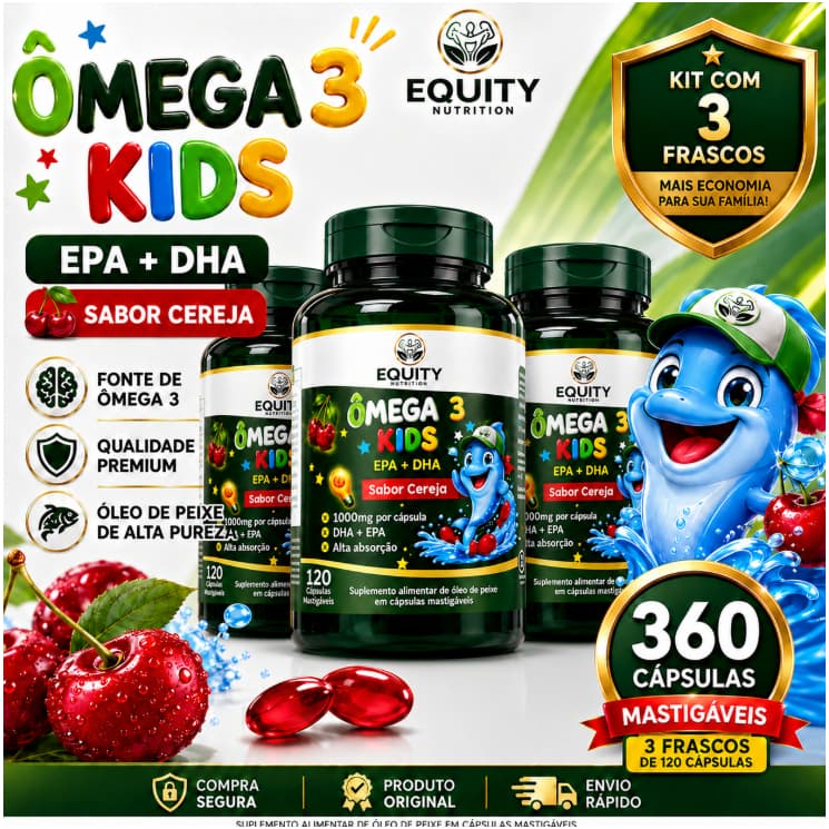 Ômega 3 Kids Peixinho Mastigavél Sabor Cereja 120 Cápsulas DHA EPA Infantil Cérebro Imunidade