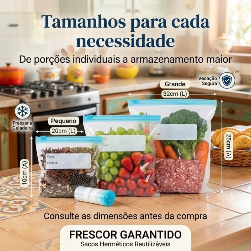Kit 40 Sacos Herméticos Reutilizáveis Para Armazenar Alimentos Congelador