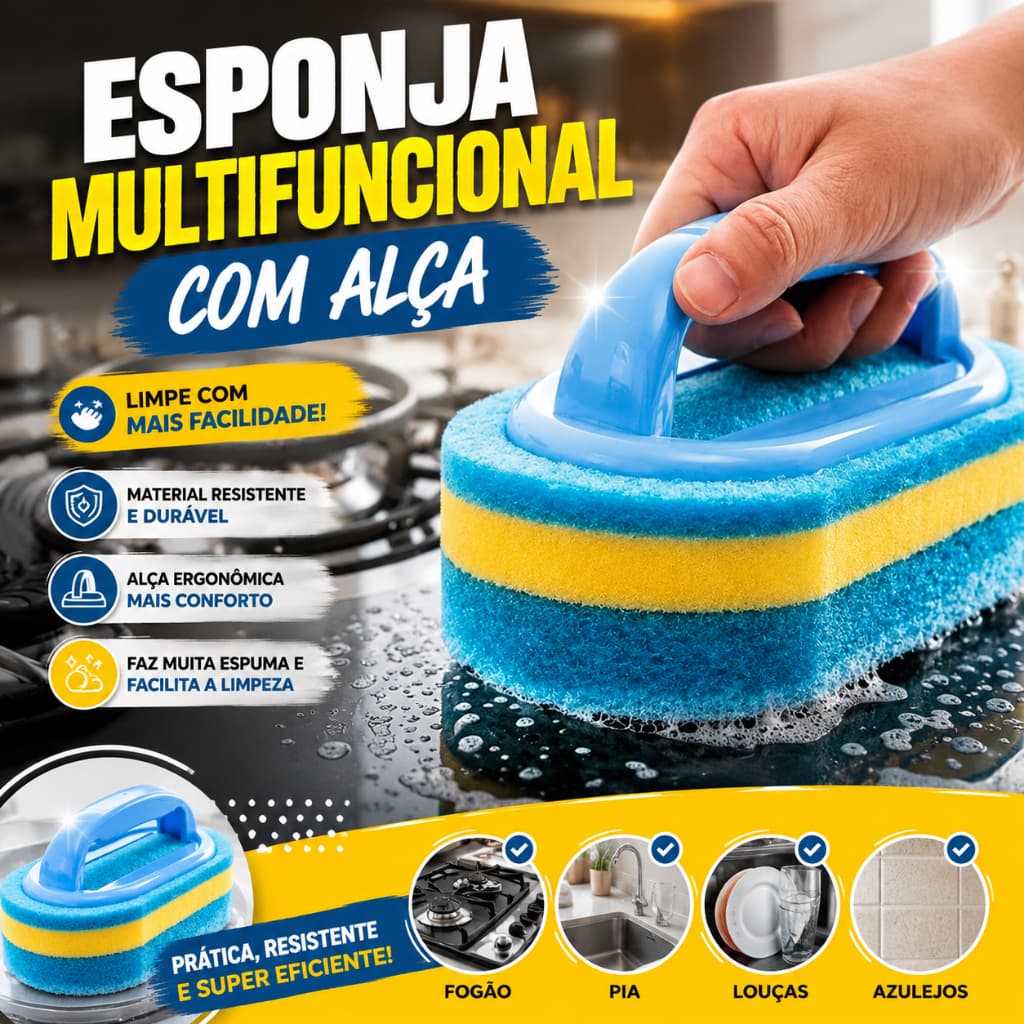 Esponja com Alça Multifuncional  Limpeza Doméstica Azulejo Banheiro Pia Privada Escova