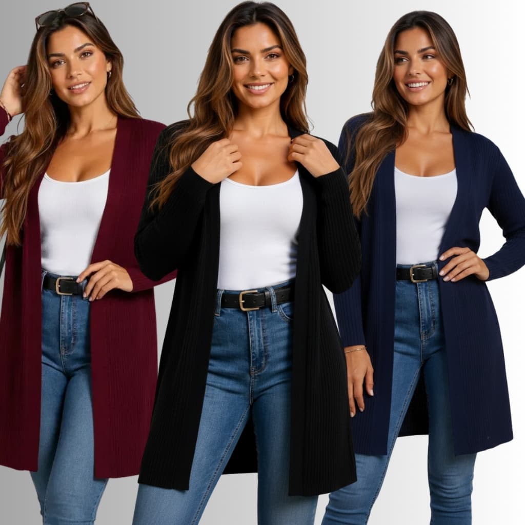 Casaco Cardigã Feminino Tricot de Lã Elegante Canelado Moda Inverno