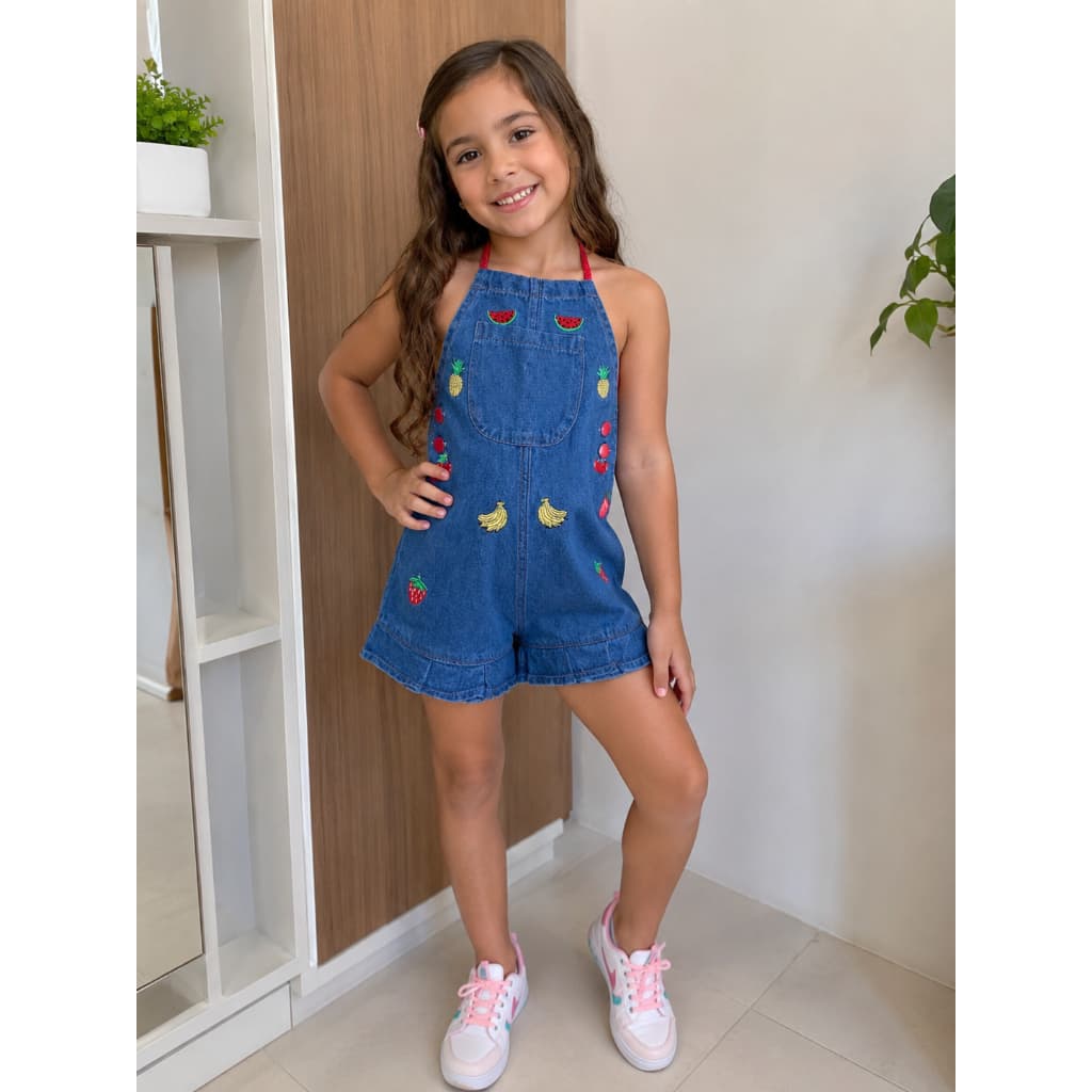 Jardineira Short jeans Infatil feminino Menina Jeans bordado blogueirinha diva