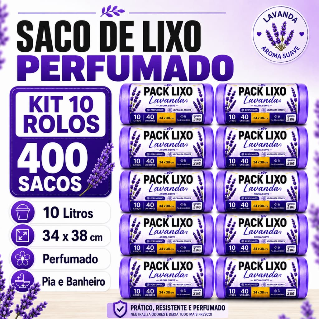 Kit 10 Rolos Saco de Lixo Perfumado Lavanda 10L 400 Sacos Pia/Banheiro Resistente Neutraliza Odores