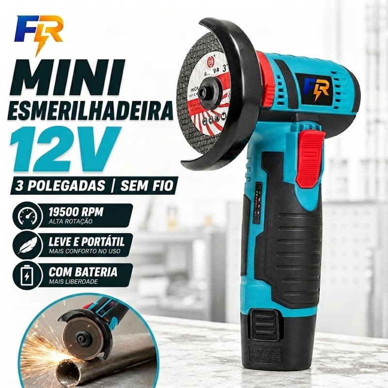 Mini Esmerilhadeira Angular 3 Polegadas 12V Sem Fio Com 2 Baterias 5 Discos Para Corte Lixadeira Portátil