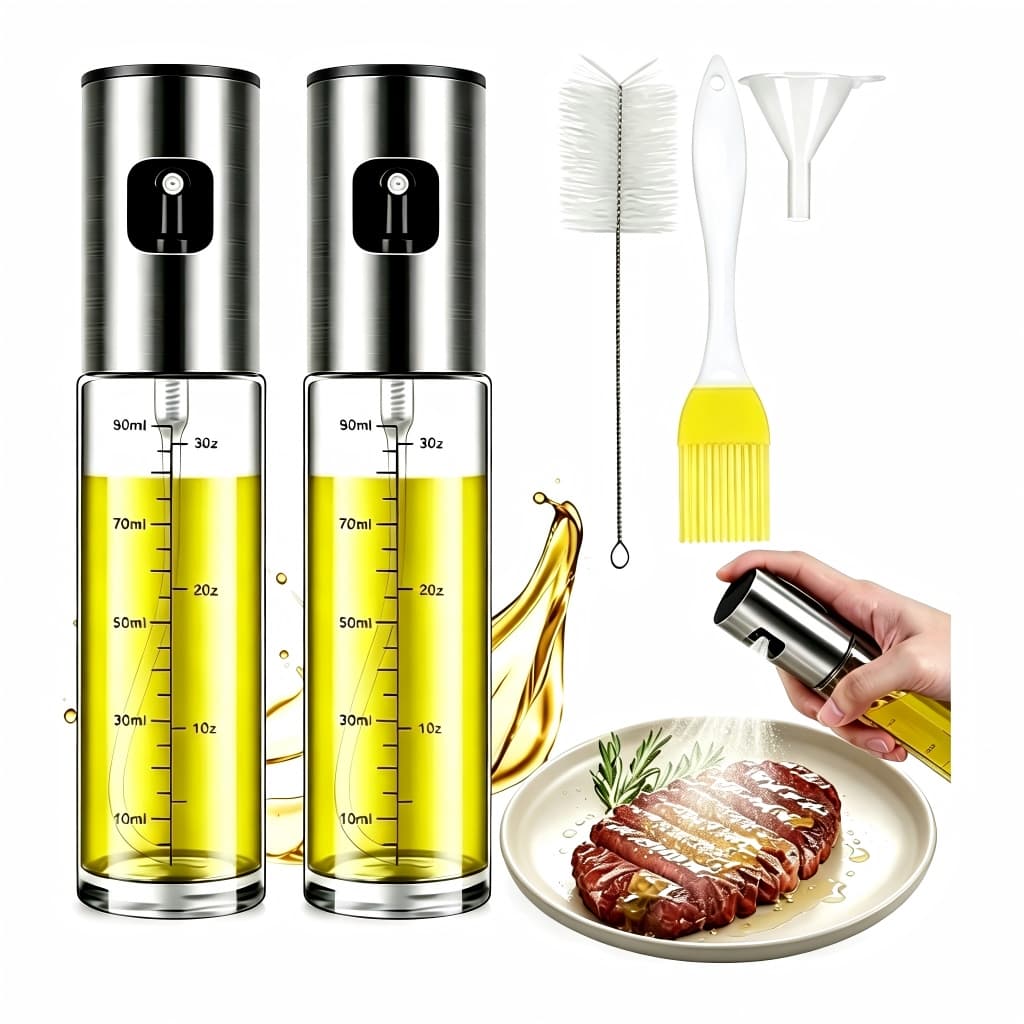 Conjunto 2 Frascos Spray Galheteiro 100ml para Óleo e Vinagre, Vidro com Aço Inox 304, Funil, Pincel e Escova de Limpeza