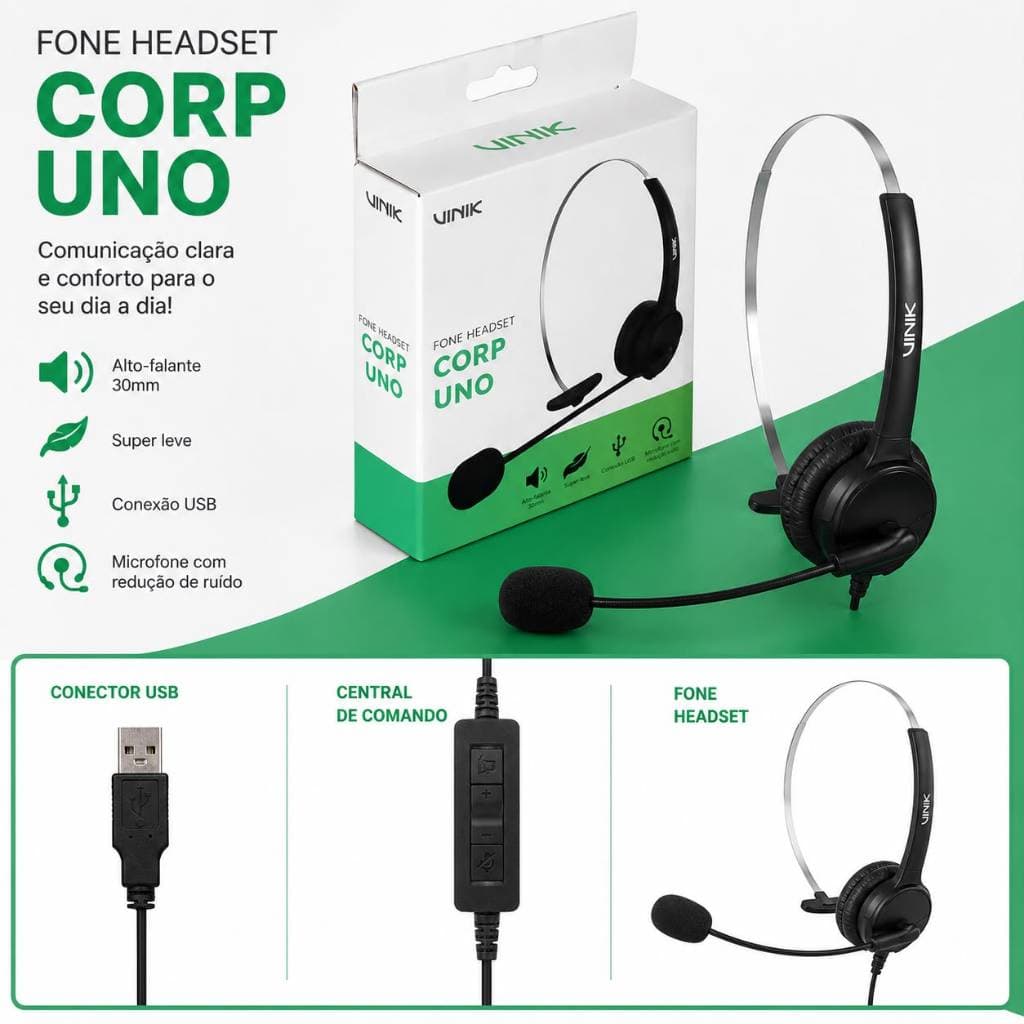 Fone de Ouvido Headset USB Vinik Corp Uno com Microfone Redução de Ruído Controle de Volume para PC Notebook Home Office