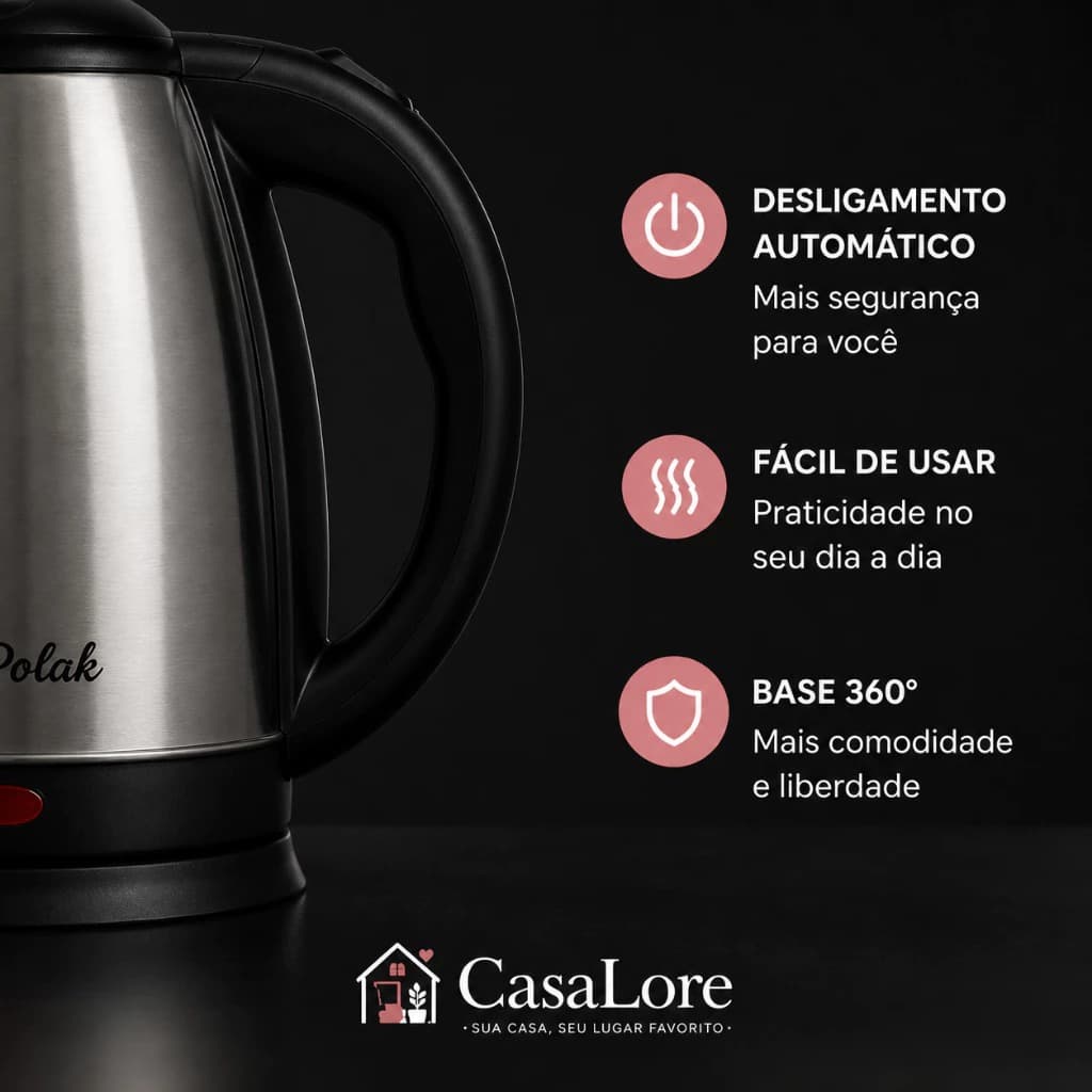 Chaleira Elétrica Inox 1,8L 1000W Inox Aquecimento Rápido Desligamento Automático 127V