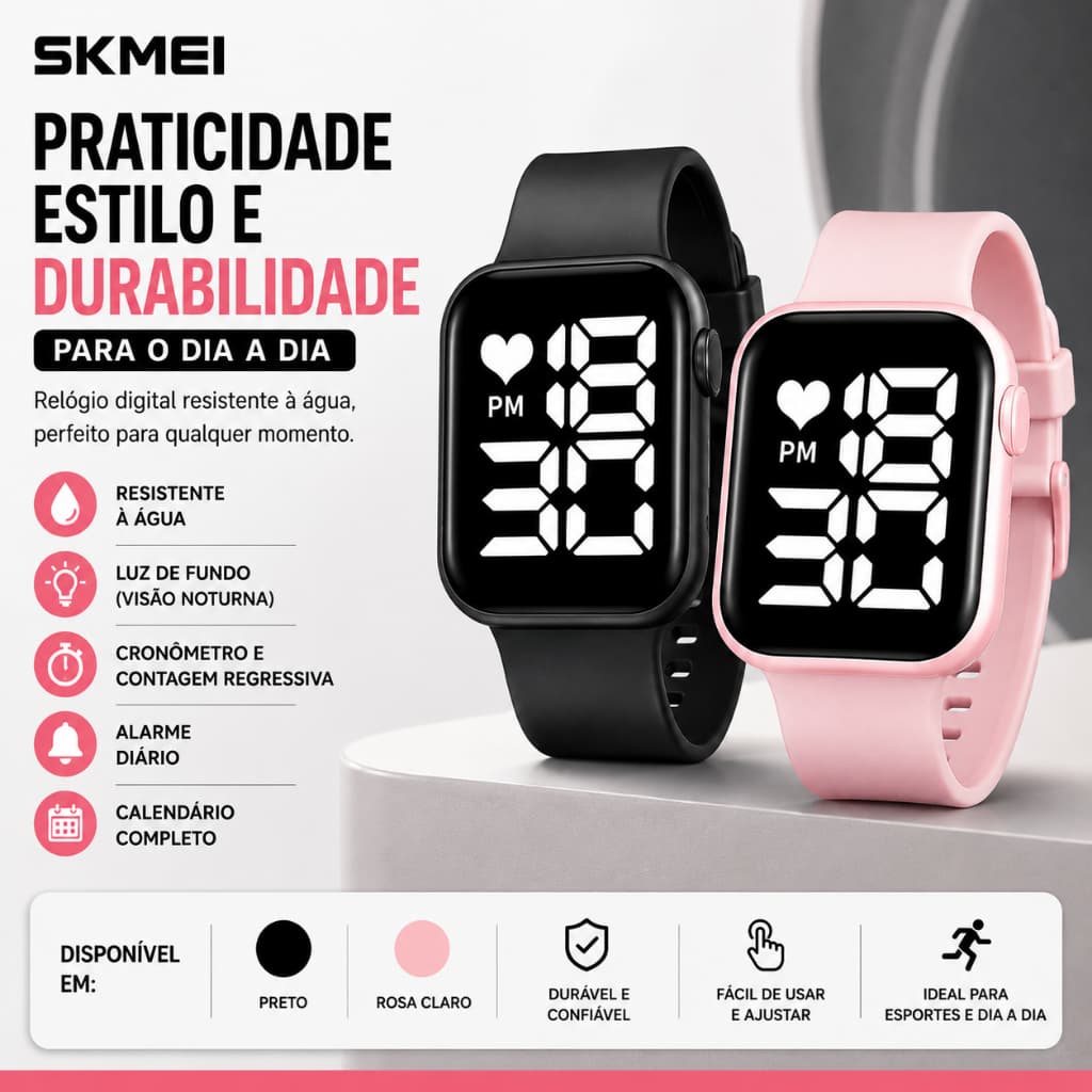 Relógio Digital SKMEI Resistente à Água Esportivo LED Multifuncional Cronômetro Alarme Unissex