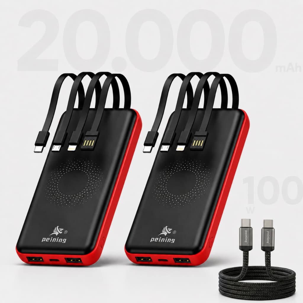 Kit Power Bank Indução 2 Unidades 20000 mAh Vermelho + Cabo 60W Preto Original Peining
