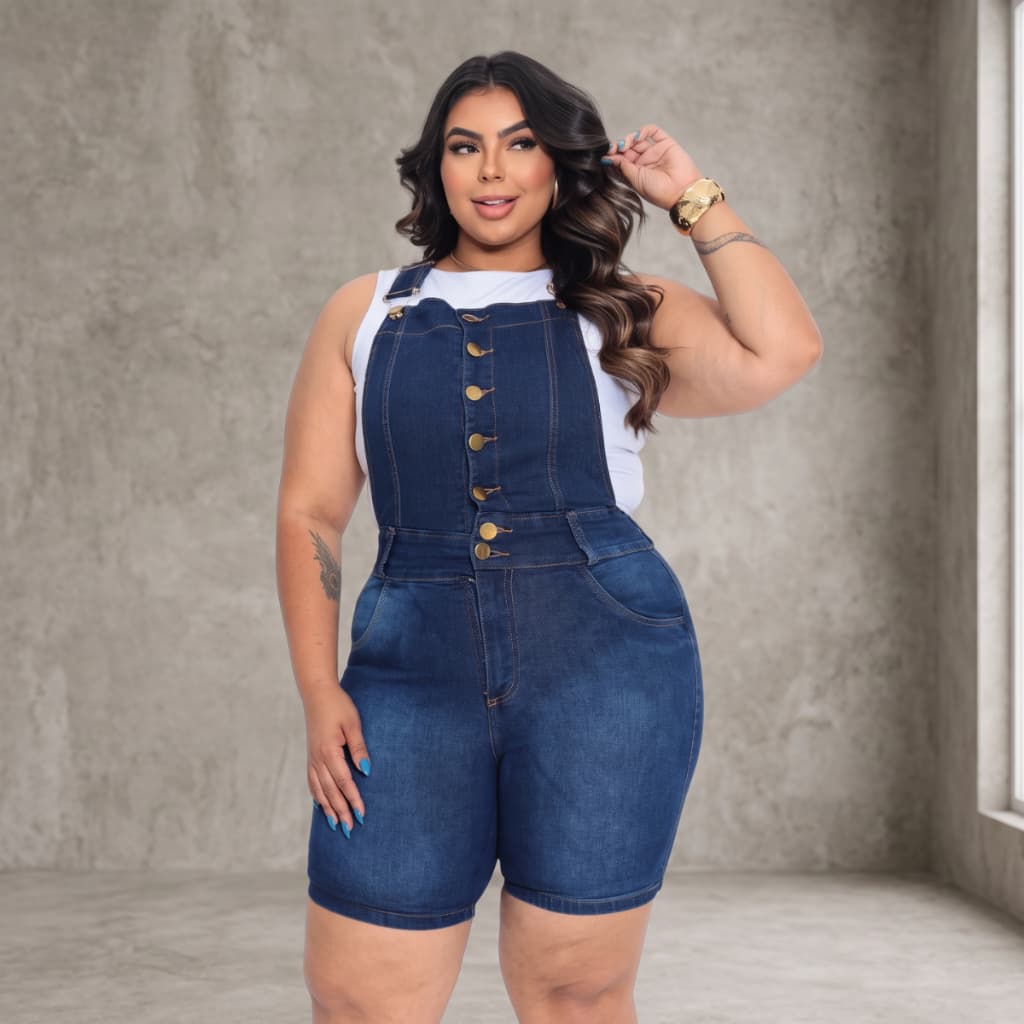 JARDINEIRA PLUS JEANS CASUAL FEMININO COM ELÁSTANO