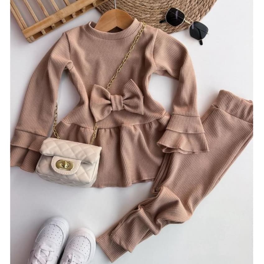 Conjunto Infantil Menina Canelado Blusa Manga Longa com Laço e Caça Roupa Para Frio Pijama.
