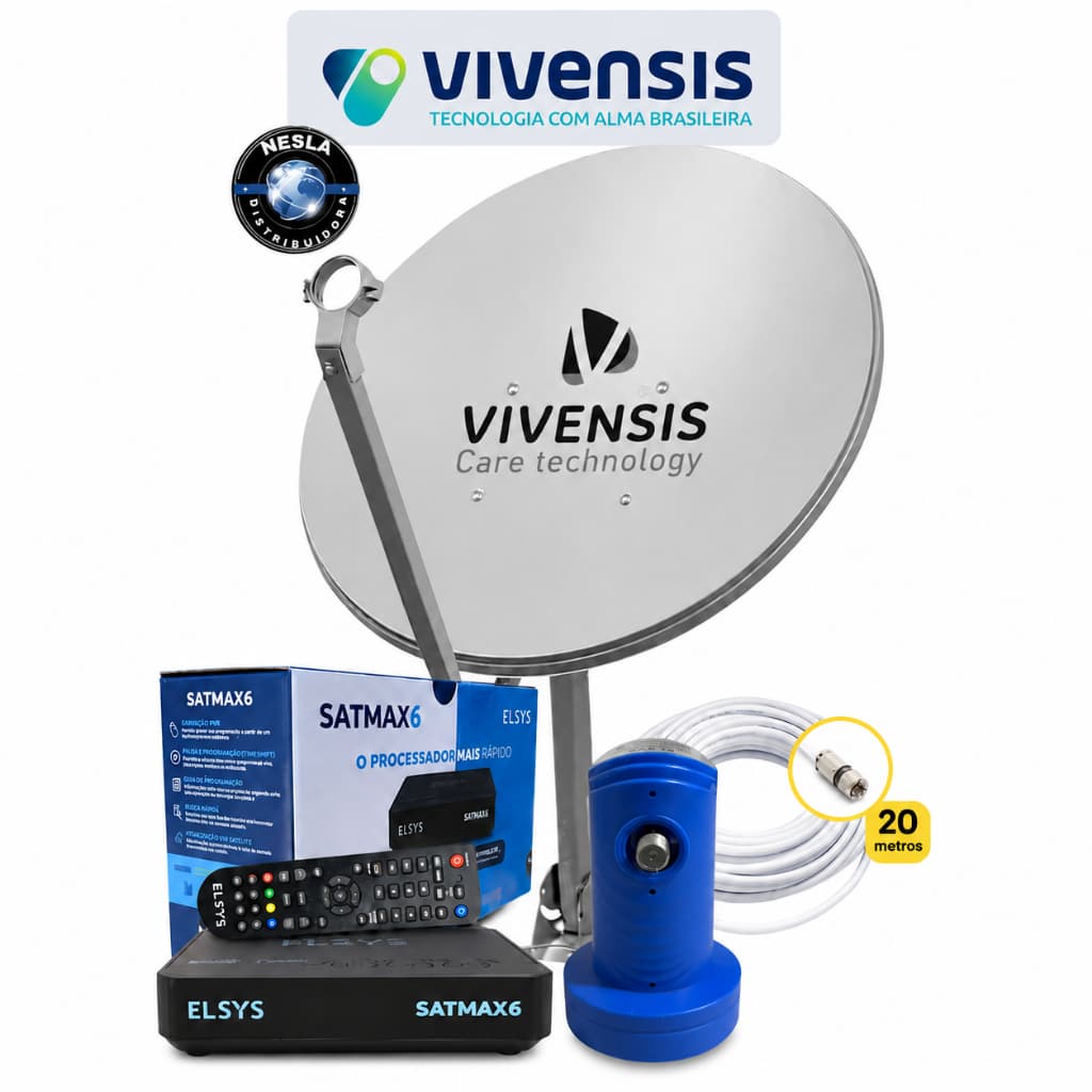 KIT ANTENA PARABÓLICA DIGITAL VIVENSIS 60CM - CABO 20 METROS , LNBF E RECEPTOR ELSYS SATMAX 6