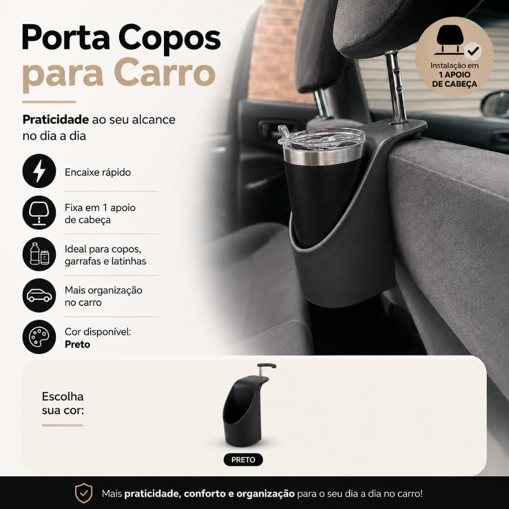 Porta Copos Automotivo para Encosto de Cabeça – Suporte Organizador com Encaixe Fácil para Copos, Garrafas e Latas