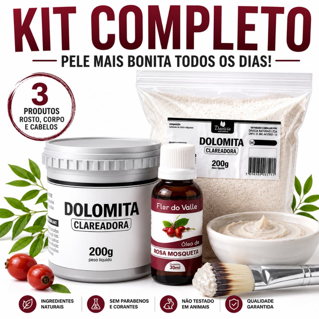 Kit Dolomita Clareadora 400g + Óleo Rosa Mosqueta 30ml Facial Corporal Capilar