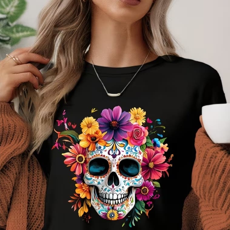 Camiseta Feminina  Caveira Mexicana Floral Feminina 100% Algodão Premium
