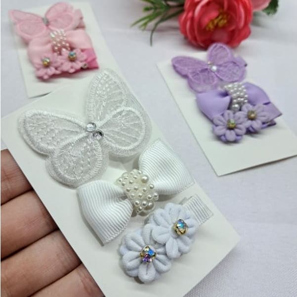 Kit Presilhas Baby Borboleta + Laço + Flor com Pérolas | 3 Presilhas Antideslizantes para Bebê Infantil